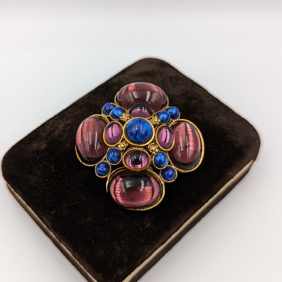 Vintage Magenta & Blue Numbered Vauxhall Glass Foil Backed Cabochon Brooch A1818 - Picture 3 of 9